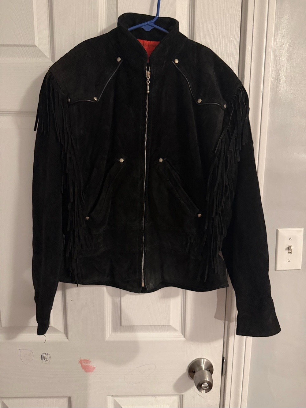 Harley-Davidson Black Suede Fringe Jacket with Orange Lining